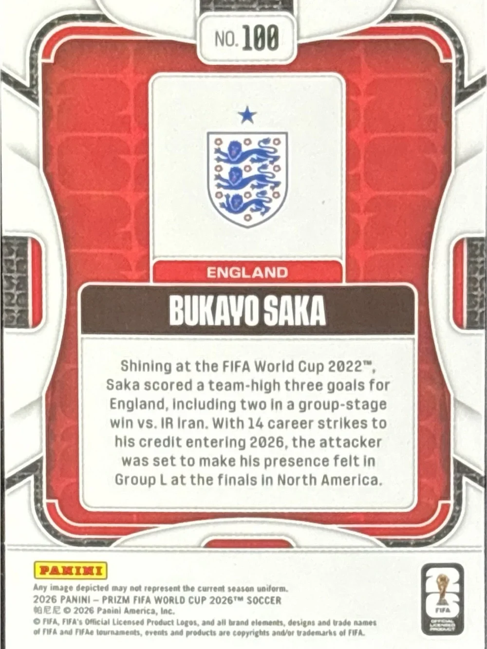 Panini Prizm England Bukayo Saka Soccer Trading Card